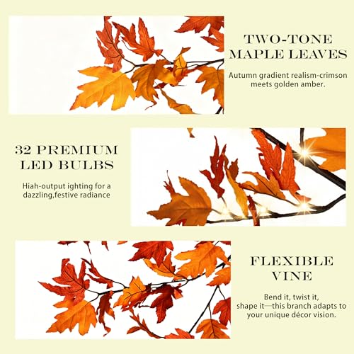 HipTree Lighted Fall Maple Branches 32IN 32LED Warm White, 2 Packs Artificial Twigs with Orange Leaves, Dual Power (Battery & USB) with Timer for Thanksgiving Autumn Harvest Home Fireplace Vase Decor — view 3
