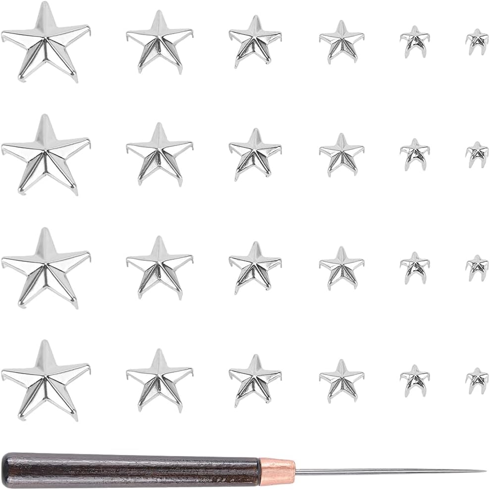 150PCS 6 Size 0.5 to 2cm Star Tone Hand Studs Pressed Punk Claw Beads Rivets Metal 5 Claw Studs Cap Nail Head with Large Eye Needles for DIY Leather Clothing Bag Shoes(Silver)