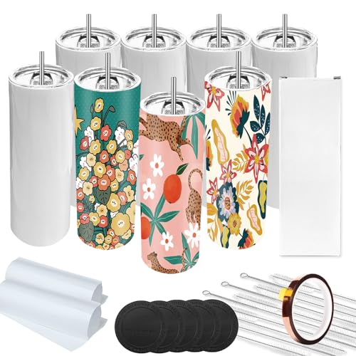 PORIYA 8/25 Pack 20 oz Sublimation Tumblers Stainless Steel Double Wall Insulated Cups, Blank White with Lid, Straw, Individually Boxed. Includes Heat-Resistant Tape and Gift Box!