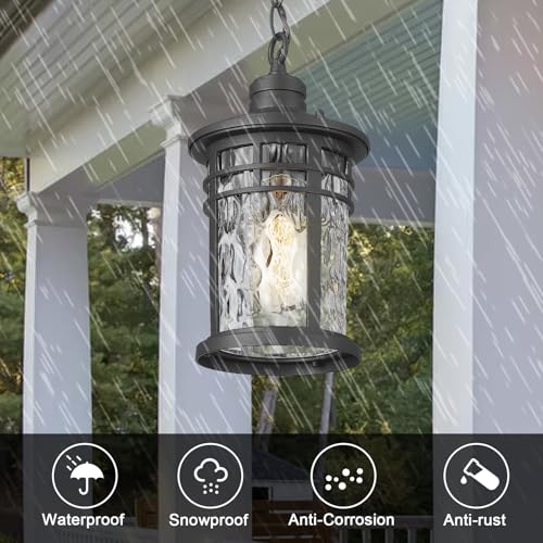 Image of Darkaway Outdoor Pendant Lights for Porch, Outdoor Chandelier Hanging Porch Lights Outside Ceiling Mount Aluminum with Water Ripple Glass for House Gazebo Patio