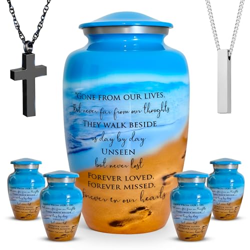 Family Eco-Friendly Cremation Urn for Ashes for Humans – Ocean Blue Urn with 1 Large Urn (220 lbs), 4 Small Urns & 2 Ash Necklaces – Recycled Aluminum Tribute – Memorial for Home, Service, Cemetery