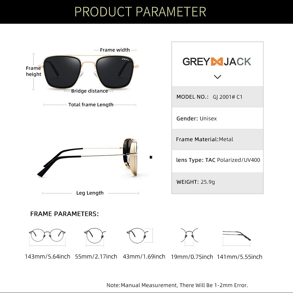 grey jack Retro Classic Polarized Metal Frame Sunglasses For Men Women 2001 Golden Frame/Black Lens,Square 1