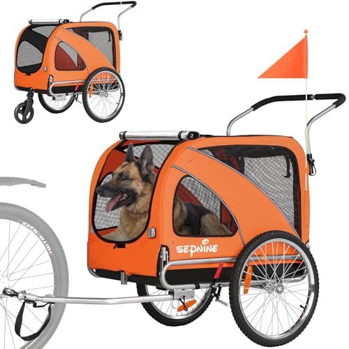 SEPNINE® Hunde Fahrradanhänger XL, 2 in 1 Hundeanhänger & Jogger mit Reflektor und Bremse, 600D Oxford Canvas, maximale Belastung 40kg-Orange