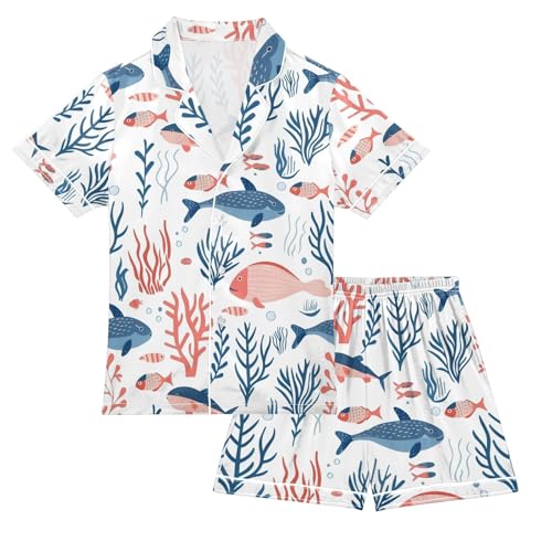 ALAZA Fish Coral Reef Pajamas Satin Pajama Set Short Sleeve Button Down Sleepwear