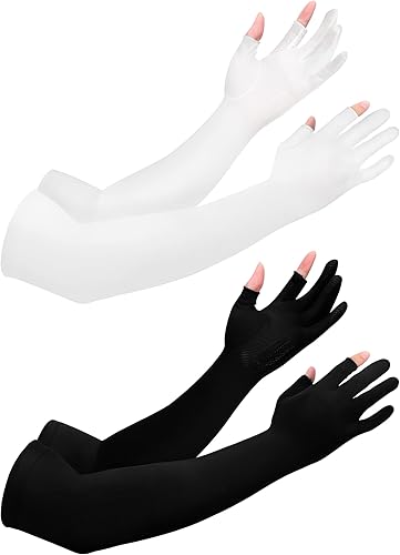 2 pares de mangas solares para hombres y mujeres con 2 agujeros para los dedos, antideslizantes, manga larga de enfriamiento para brazos, mangas