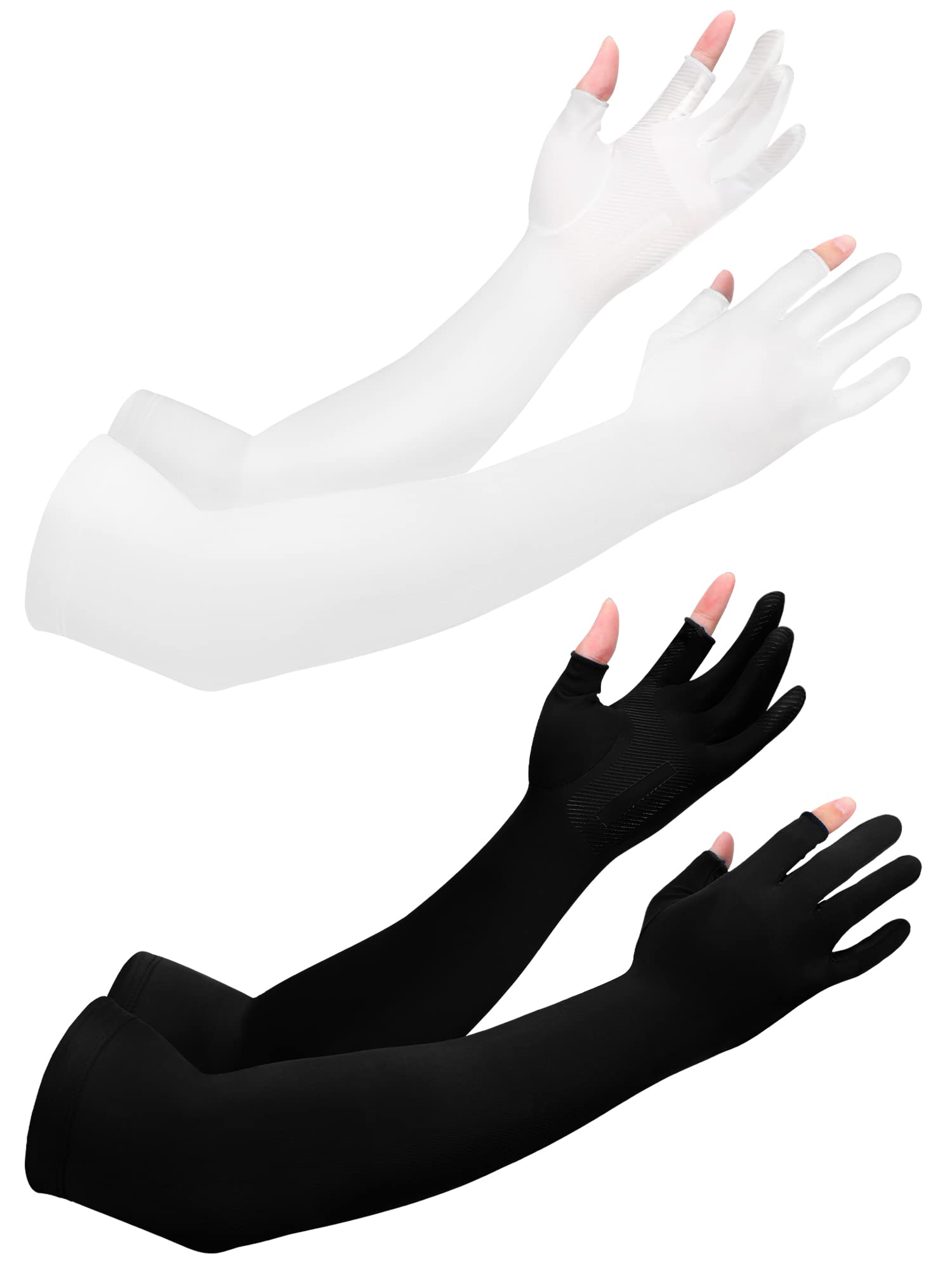 Bencailor 2 Pairs Sun Sleeves for Men Women with 2 Finger Holes Anti Slip Long Cooling Arm UV Protective Sleeves(Black, White)