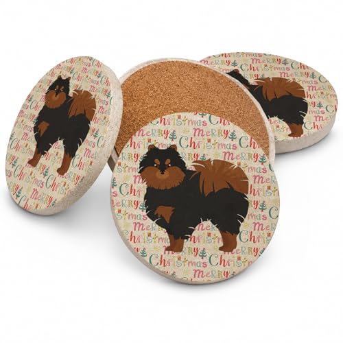 Caroline's Treasures Pomeranian #2 Merry Christmas Large Sandstone Coasters Pack of 4 Absorbent Round Coasters Decor Gifts for Men or Women, 4 in, Multicolor