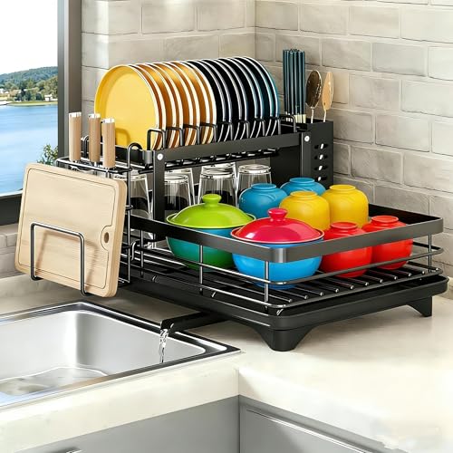 YAFCN 2-Tier Stainless Steel Dish Drying Rack with Utensil Holder, Black