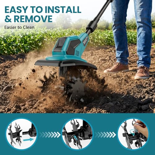 Cordless Tiller Cultivator, 360RPM Electric Garden Tiller, 2 * 3.0Ah 21V Batteries & Charger, Brushless Motor Battery Powered Garden Rototiller for Lawn/Gardening/Soil Cultivation - image 8