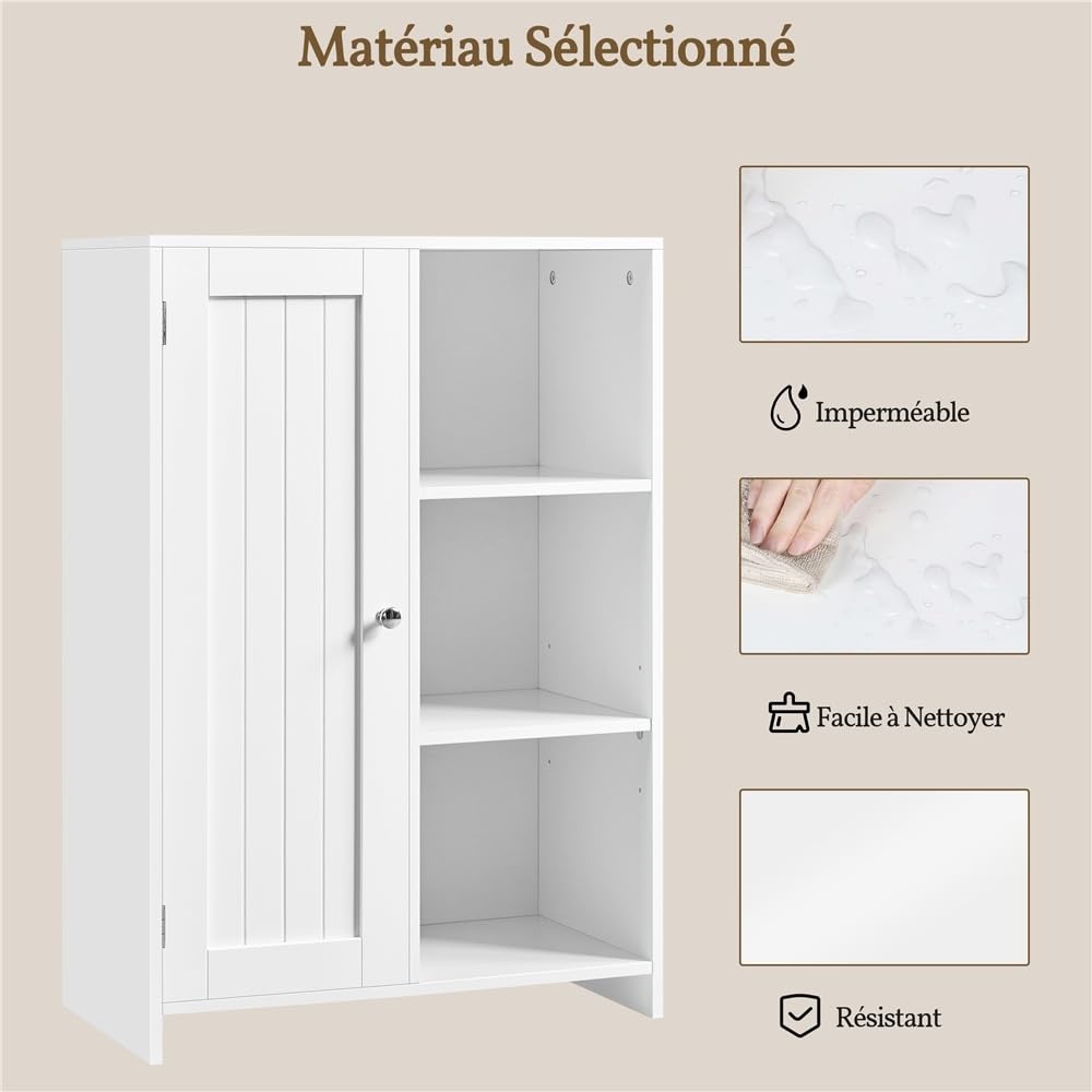 Yaheetech Salle de Bain Moderne avec Porte Unique 56 cm×30 cm×81 cm, Blanc | Meuble de Rangement avec Compartiment Ouvert et Étagères Réglables, Armoire Rangement pour Salle de Bains/Salon/Bureau