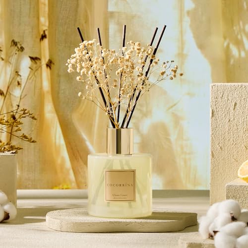 Image of COCORRINA Reed Diffuser - Clean Linen 17 Fl.oz Reed Diffuser with 8 Sticks Scented Diffuser with Preserved Flowers for Bathroom Home Decor