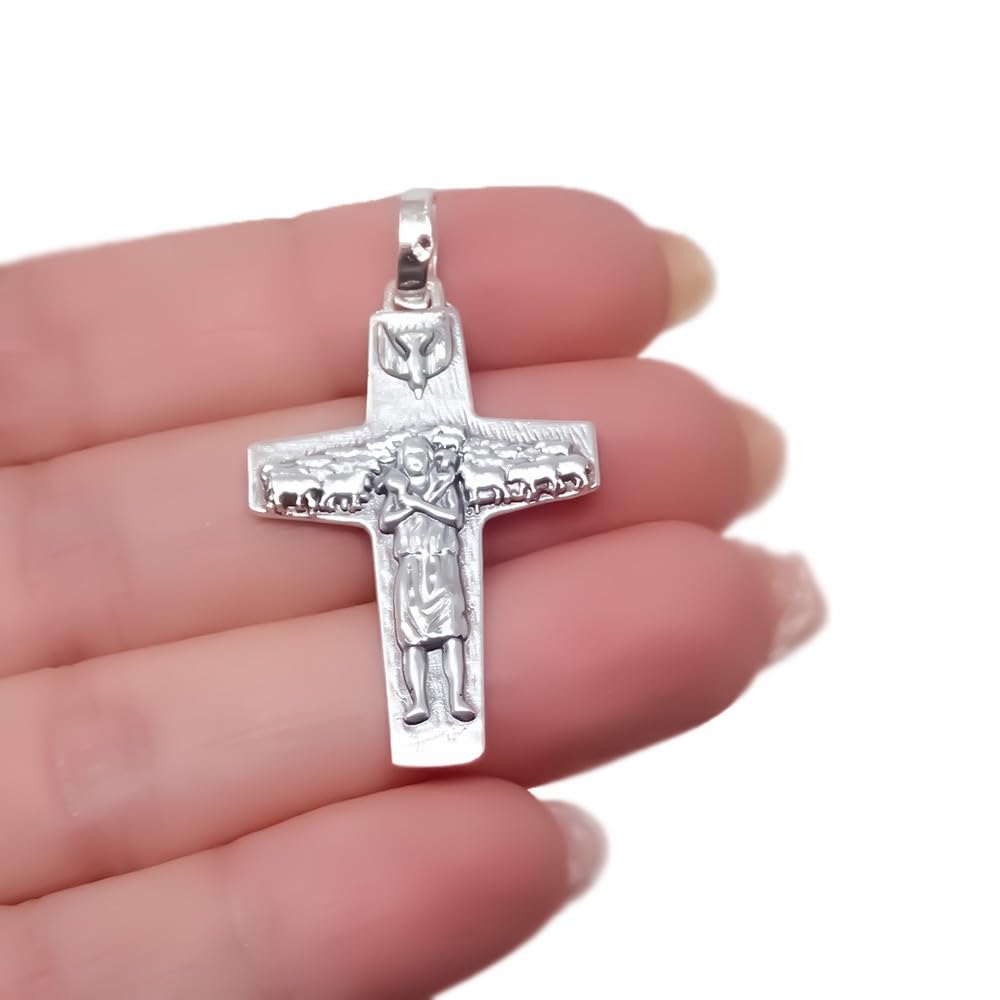 Cruz del Buen Pastor Colgante en Plata de Ley 925m macizo de 37mm. del Papa Francisco