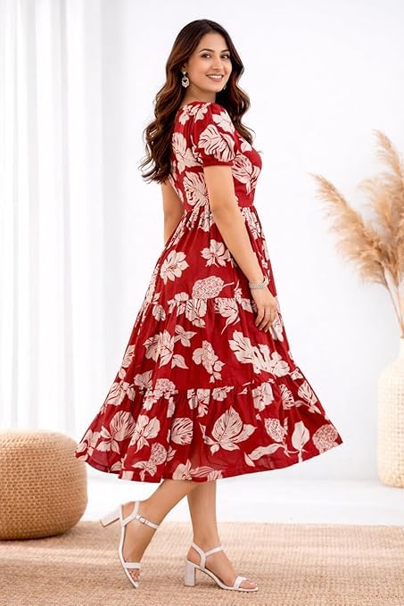 Image of Rayon Printed Midi Dress Comfortable Casual & Ethnic Wear