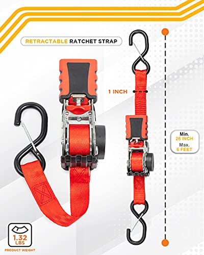 Strapinno Retractable Ratchet Straps 1 In X 6 Ft, Secure Cargo Tie-Downs With Rubber-Coated Handles & S Hooks,For Moving Motorcycle,Bike & Daily Use With Breaking Strength 1,500Lbs/680Kg (4Pcs) #TOP2