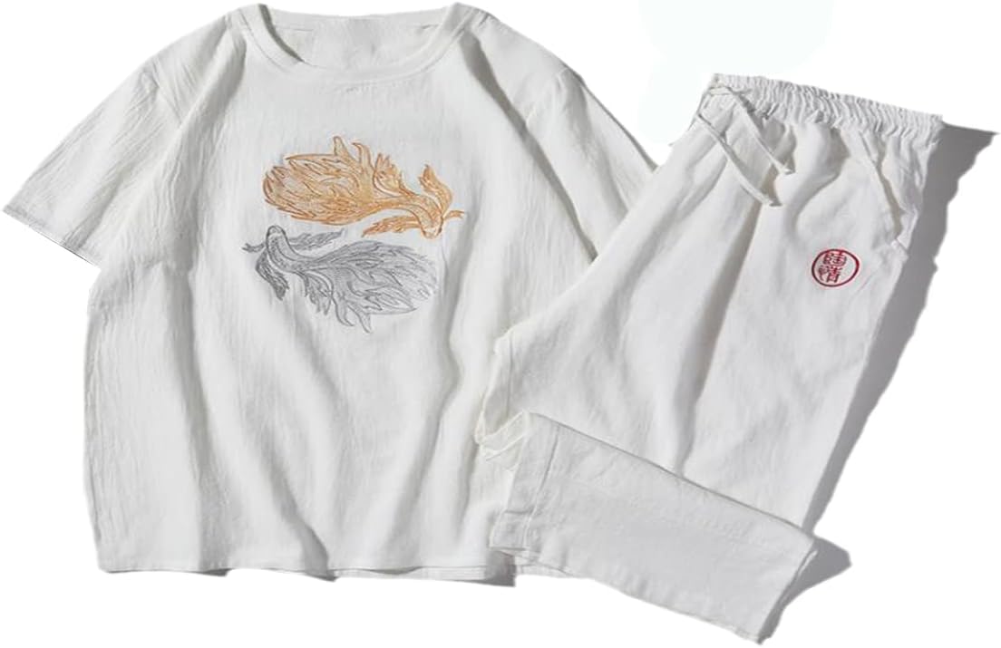 CHENLUMen Shorts Uniform Retro O-Neck Short Sleeve Shirt Pants Set