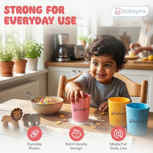 Image of BabyPro Kids Plastic Tumblers, 180 ml, Pack of 3, Multicolour Drinking Cups | Food Grade, BPA Free, Ergonomic Handle, Self-Feeding Cup for Water, Milk