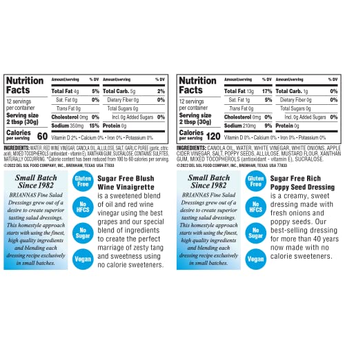 Image of BRIANNAS - Sugar Free Rich Poppy Seed Dressing & Sugar Free Blush Wine Vinaigrette Dressing - Lower Calorie, Gluten Free, & Kosher Salad Dressing made with Premium Ingredients - 12 oz. Bottles - 2