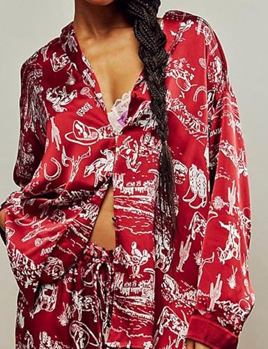 Image of Yimoon Satin Pajama Set for Women Silk Pajamas Set 2 Piece Floral Cute Pj Set Long Sleeve Pjs Sleepwear