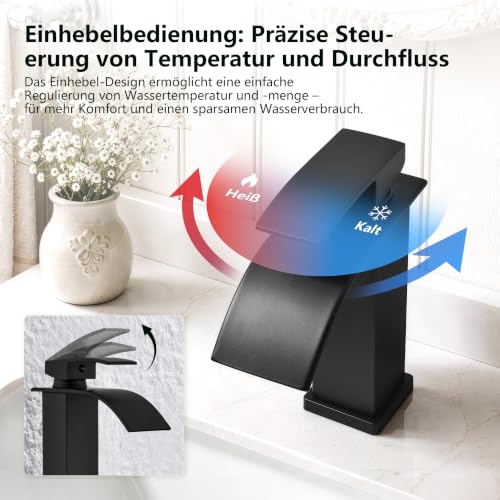 HOMELODY Wasserhahn Bad Schwarz, Bleifreie Wasserfall Waschtischarmatur Bad – Ansicht 4