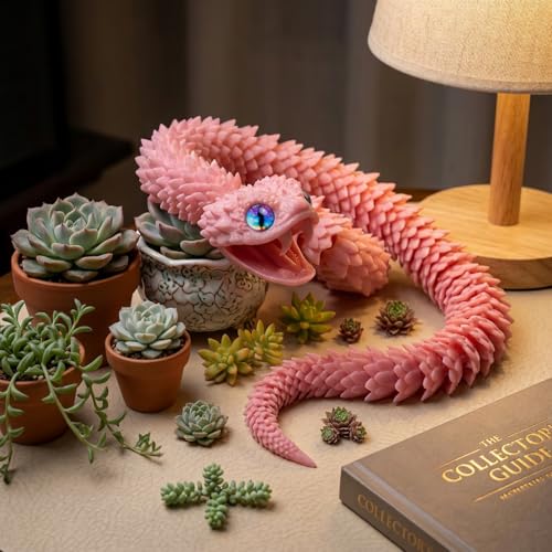 Image of 3D Printed Pink Viper Snake, 23 inch Glow in the Dark Articulated Snake Sculpture with Movable Jaw & Fangs, PLA Desk Decor for Display Shelves & Adult Collectors