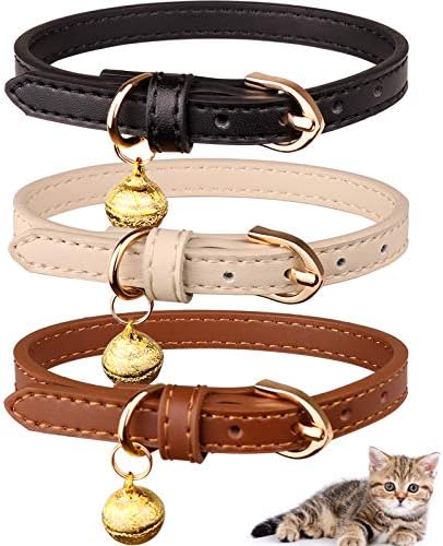 Jamktepat 3 Pack Leather Cat Collars with Bells Soft Pet Safety Collar Kitten Collars with Bell Black Chocolate Beige(XS)