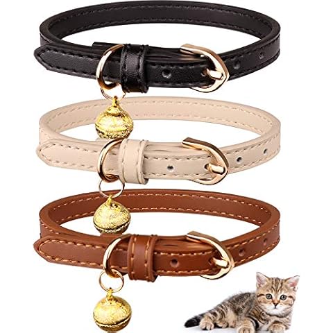 Jamktepat 3 Pack Leather Cat Collars with Bells Soft Pet Safety Collar Kitten Collars with Bell Black Chocolate Beige(S) Cover