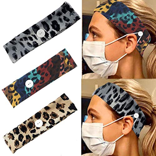 Relbcy Boho Leopard Button Headbands Yoga Hair Bands Elastic Sweat Head Wraps Mask Extender for Women and Girls (pack of 3)
