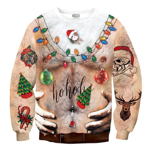 Image of Mainfini Men Ugly Christmas Pullover Loose Fit Jumpers Print Sweater Navidad Tacky Sexy Sweatshirts Chest XL