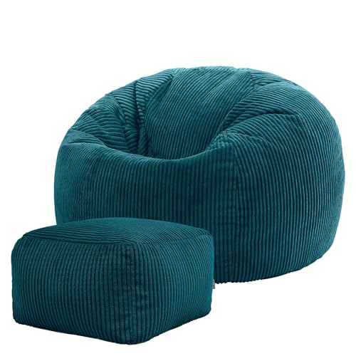 Icon Kingston Sitzsack mit Hocker Cord, Blaugrün, Sitzsack Erwachsene mit Füllung, Bean Bag, Cord Sessel, Lounge Sessel, Lounge Stuhl, Schlafzimmer, Wohnzimmer, Wohnzimmer Möbel