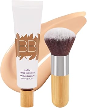BB Cream Tinted Moisturiser with Brush, Hydrating BB Blur Tinted Moisturizer SPF 30, Lightweight Oil Free Medium Coverage, Natural Finish Blur Effect, Daily Makeup Base for All Skin Types