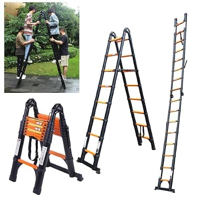 JADDUO Telescoping Ladder A Frame, 16.5 Ft Compact Aluminum Extension Ladder, Portable Telescopic RV Ladder for Outdoor Camper Trips Motorhome with Tool Platform and Stabilizer Bar, 330 lbs?Black