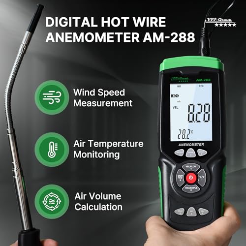 Digital Hot Wire Anemometer AM-288 – Airflow Meter with CFM/CMM, Wind Speed Gauge 0.0-67Mph, Temperature 32~113°F, LCD Backlight, HVAC Thermal Anemometer for Ventilation, Fans, Ducts, Industrial Use - Thumbnail 2