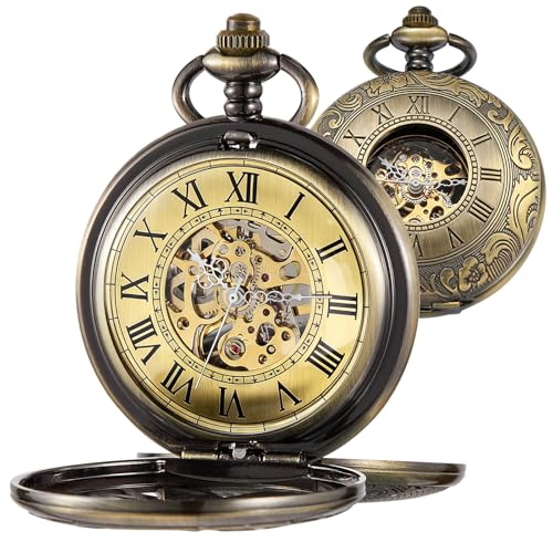 Image of Vintage Gold Double Sides Open Case Mechanical Men's Pocket Watch,Double Face Roman Dial Clock Hand Wind Pocket Watch for Men with FOB Chain