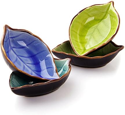4 Pack Japanese Calvings Glaze Ceramic Side Dish Plate Dipping Sauce Dish (Leaf-shaped)