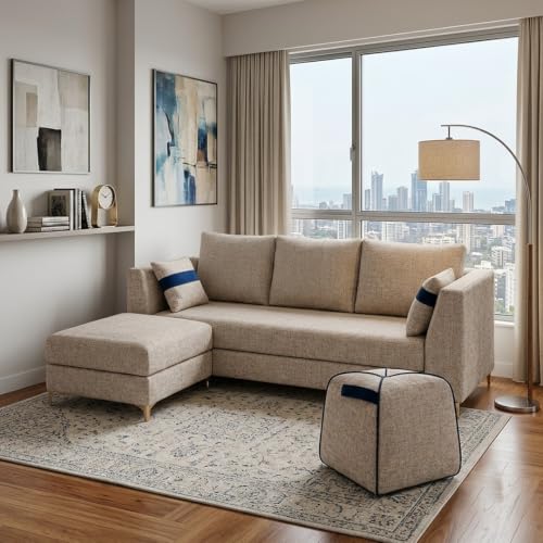 Image of FURNY Signature Cresta 5-Seater L-Shape Sofa Set with Movable Ottoman & Suri Pouf | Flexible LHS /RHS Layout | Boucle Weave Fabric | 40D Foam + Zigzag Spring | 3-Yr Warranty (Sandstone Beige)