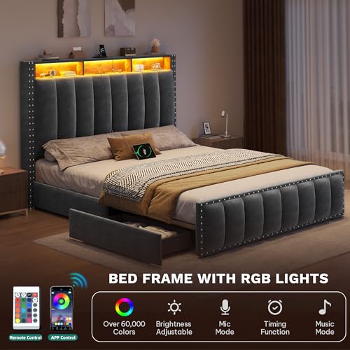image for DWVO Full Size Bed Frame with 4 Storage Drawers and RGB LED Lights, Ve