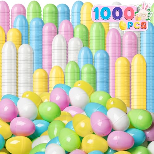 Jumlys 1000 PCS 2.4" Plastic Easter Eggs, Empty Fillable Pastel Colorful Easter Eggs with Hinge, Perfect for Easter Hunt, Basket Stuffers Fillers and Easter Theme Party Favors