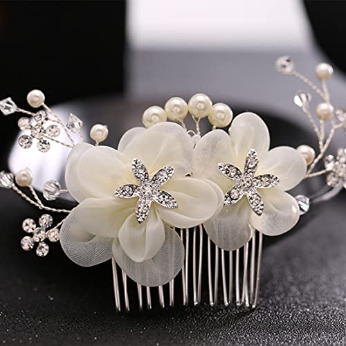 JUSTUSNX Diadema plateada para novia de boda, diseño de flores de perlas, accesorios de peine de cristal para mujeres y niñas