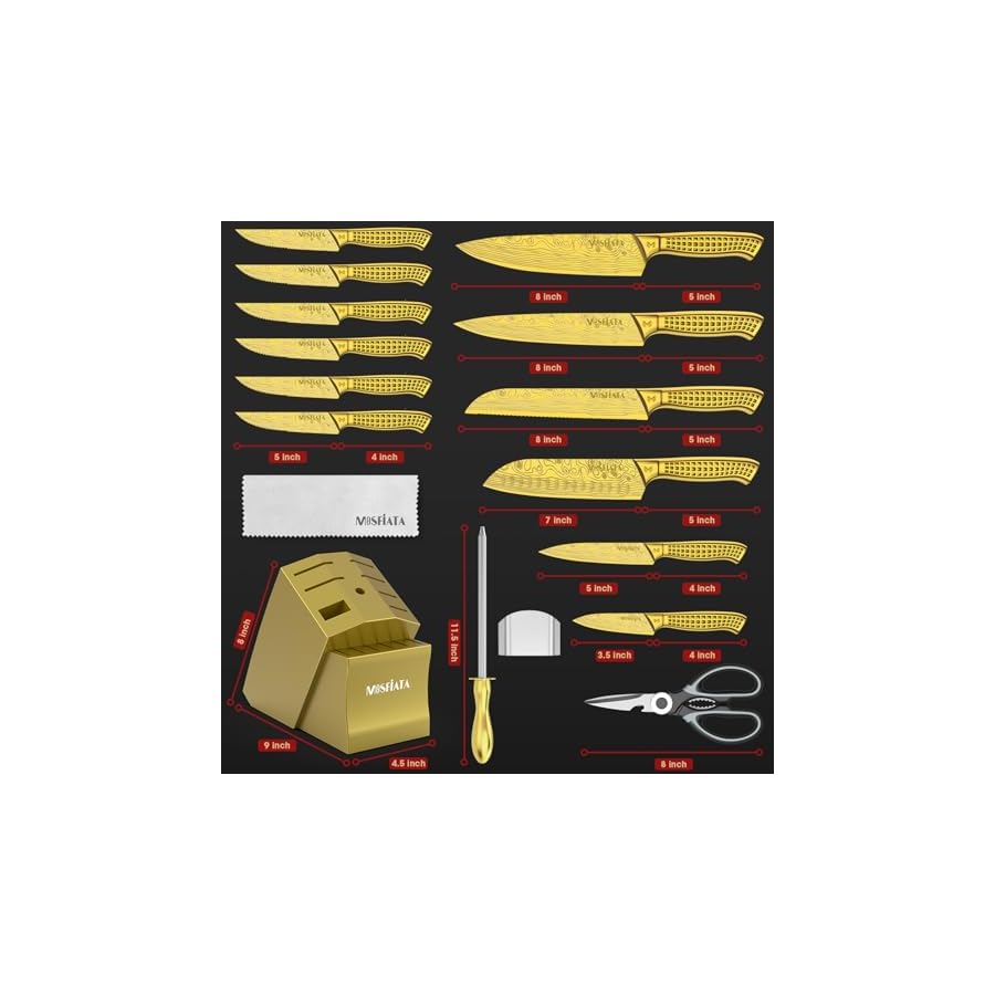 MOSFiATA Kitchen Knife Set, 17 Pcs Japanese Stainless Steel Knife Sets for Kitchen with Block with Knife Sharpening Rod, Dishwasher Safe, Gift Set,Titanium Plated Knife Block Set