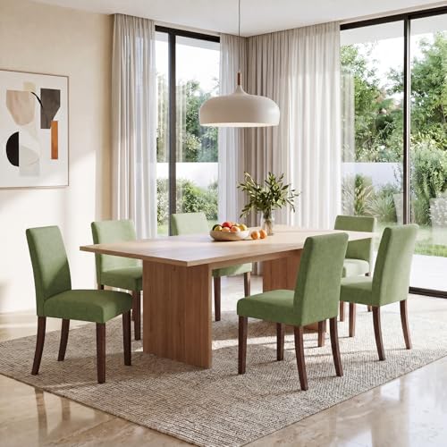 Image of Upholstered Dining Chairs Set of 6, Mid-Century Dining Room Chairs with Wooden Legs, Farmhouse Fabric Parsons Chairs for Small Space Restaurant & Cafe- Green