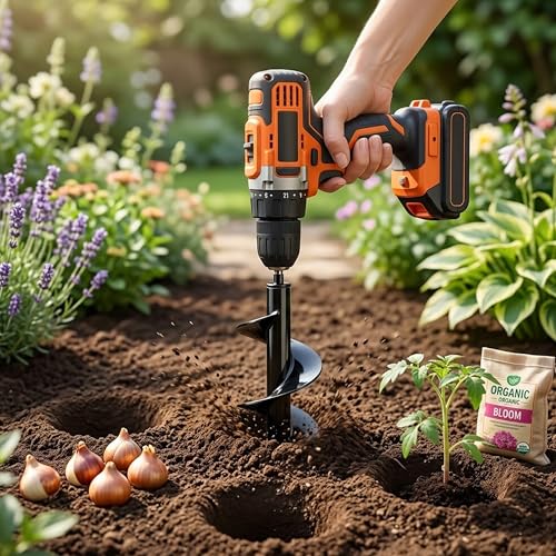 LYFETC Erdbohrer für Bohrmaschine 10x30cm, Gartenbohrer für Akkuschrauber, Spiralbohrer zum Pflanzen von Blumenzwiebeln, Gemüse und Zaunpfosten, Leichter hohler Pflanzbohrer für Flache Gartenarbeiten