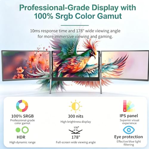 Image of Adjustable Triple Laptop Screen Extender,Portable Foldable Monitor with 178 Wide View,Low Blue Light Eye-Friendly, 360 Rotatable & Dual Speakers(Silver)