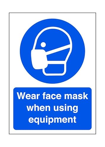 Wear face mask when using equipment - safety sign, ppe clothing, ppe, protective clothing - High tack self-adhesive sticker (150mm x 100mm) Viewing Distance within 3m.
