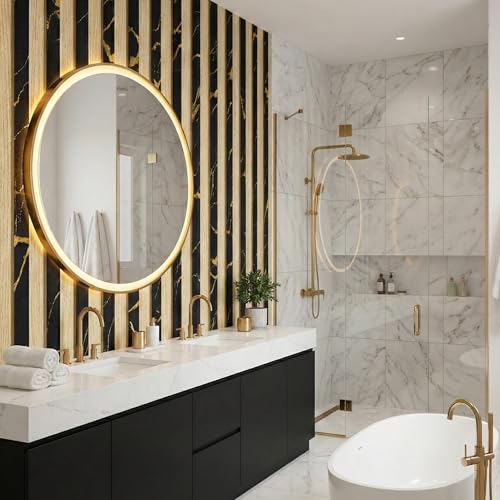 Image of 3D Black & Gold Marble Striped Wallpaper Roll - 45x500 cm Wood Texture Vertical Line Design PVC Waterproof Peel & Stick Wall Sticker for Home, Living Room, Office, TV Background - Self Adhesive