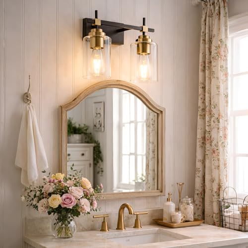 Image of SOLFART Modern Bathroom Vanity Light with Clear Glass Globes,2 Lights Bathroom Light Over Mirror Black and Gold Finish,Wall Mount Sconce for Over Mirror Vintage Lighting