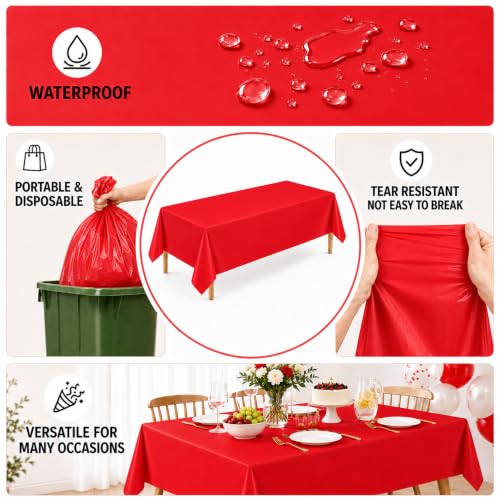 Image of WNINK 6 Pack Red Plastic Tablecloths, 54 x 108 Inch Disposable Covers | Ideal for Birthdays, Weddings, Christmas and Valentine's Day, Helping Protect Tabletops from Spills and Simplify Cleanup