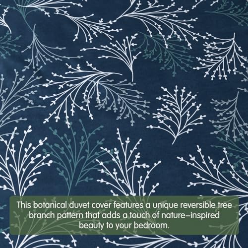 Image of Lekesky Reversible Duvet Cover King Size, Navy Blue White Branch Comforter Cover King 3pcs Microfiber Botanical Bedding Set with Zipper Closure Corner Ties