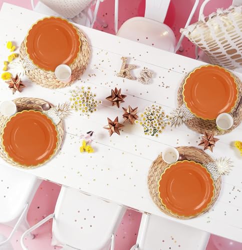 Image of HEIPINIUYE 50 Pieces Orange Paper Plates with Gold Foil 9 Inch Disposable Orange Scalloped Dinner Plates for Wedding Baby Shower Birthday Thanksgiving Party Dessert Plate