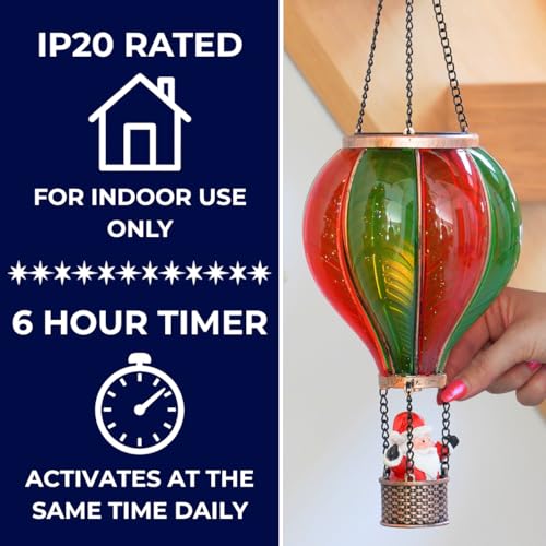 Festive Lights - 45cm Battery Power Red & Green Christmas Santa Claus Cool Fiesta Realistic Flame Indoor Hanging SMD LED Hot Air Balloon Lantern - Multicoloured Glass Effect Flaming Light with Handle - Image 5