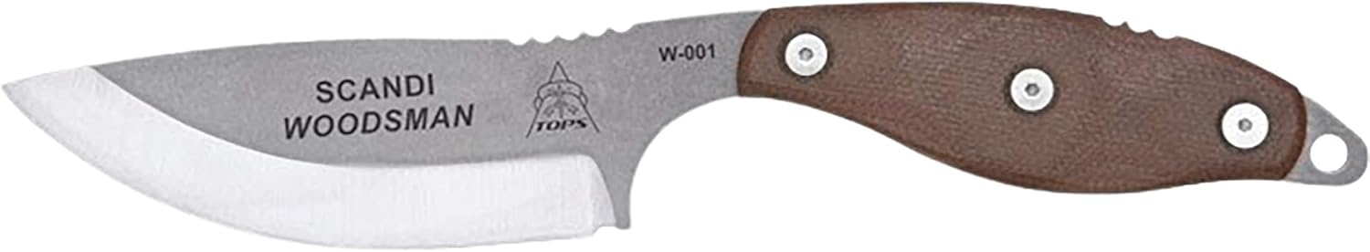 Tops Knives Scandi Woodsman Full Tang Fixed Blade- Tumble Finish- Black Leather Sheath w/Belt Loop (Green Canvas Micarta Handle)